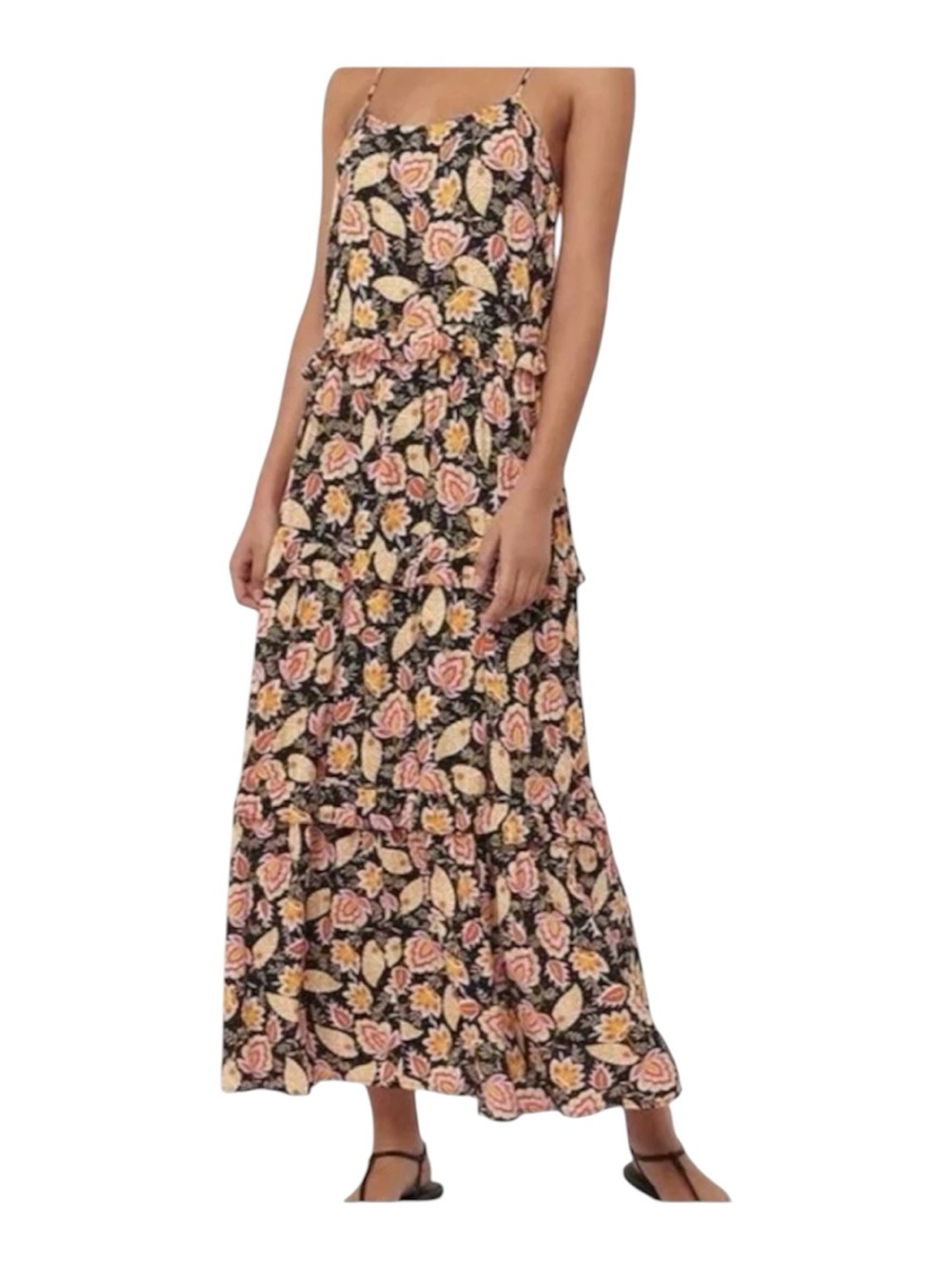 LOFT Black Floral Tiered Maxi Skirt with Pink & Yellow Blooms